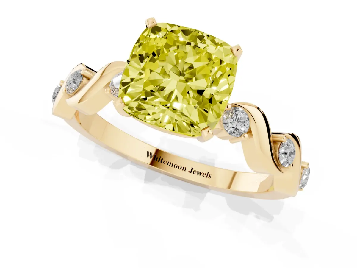 Fancy Yellow Cushion Cut Diamond Solitaire Twisted Band with Round Accents and Prong Setting Yellow gold
