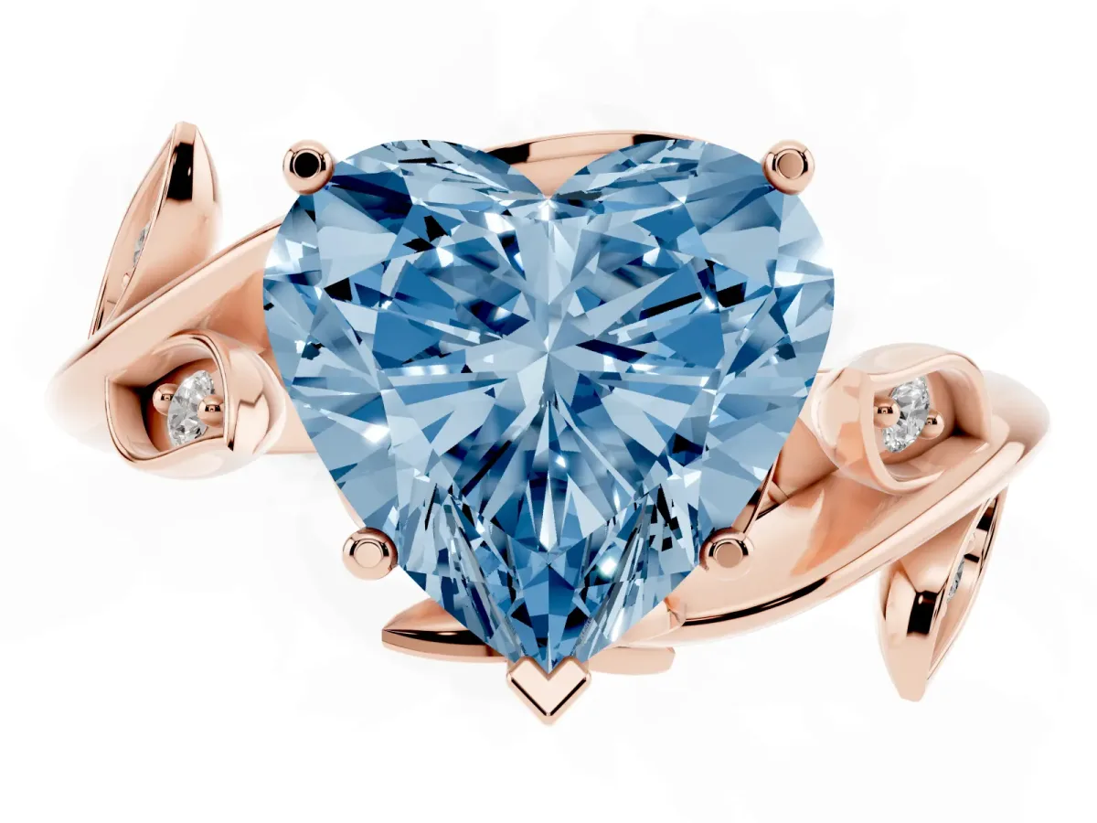 Fancy Blue Heart Cut Solitaire Twist Engagement Ring with Leaf Accents and Prong Setting Rose gold