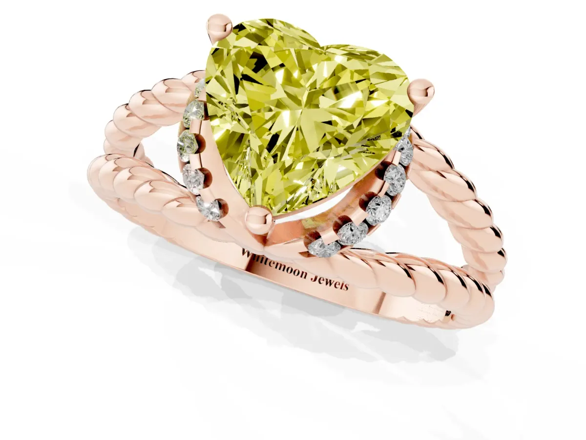 Fancy Yellow Heart Cut Halo Twisted Band Four-Prong Ring Rose gold