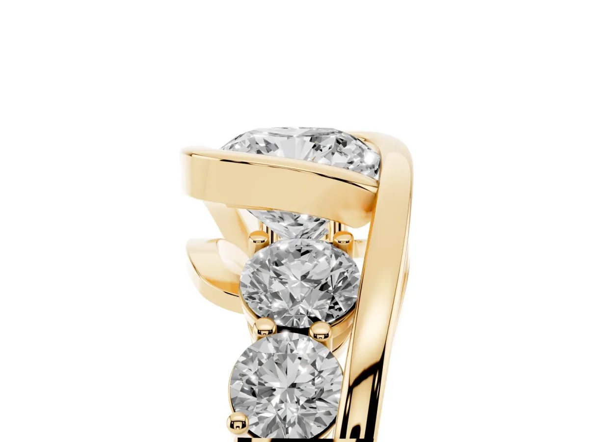Bezel Set Cushion Cut Diamond Bypass Ring with Round Accents Yellow gold