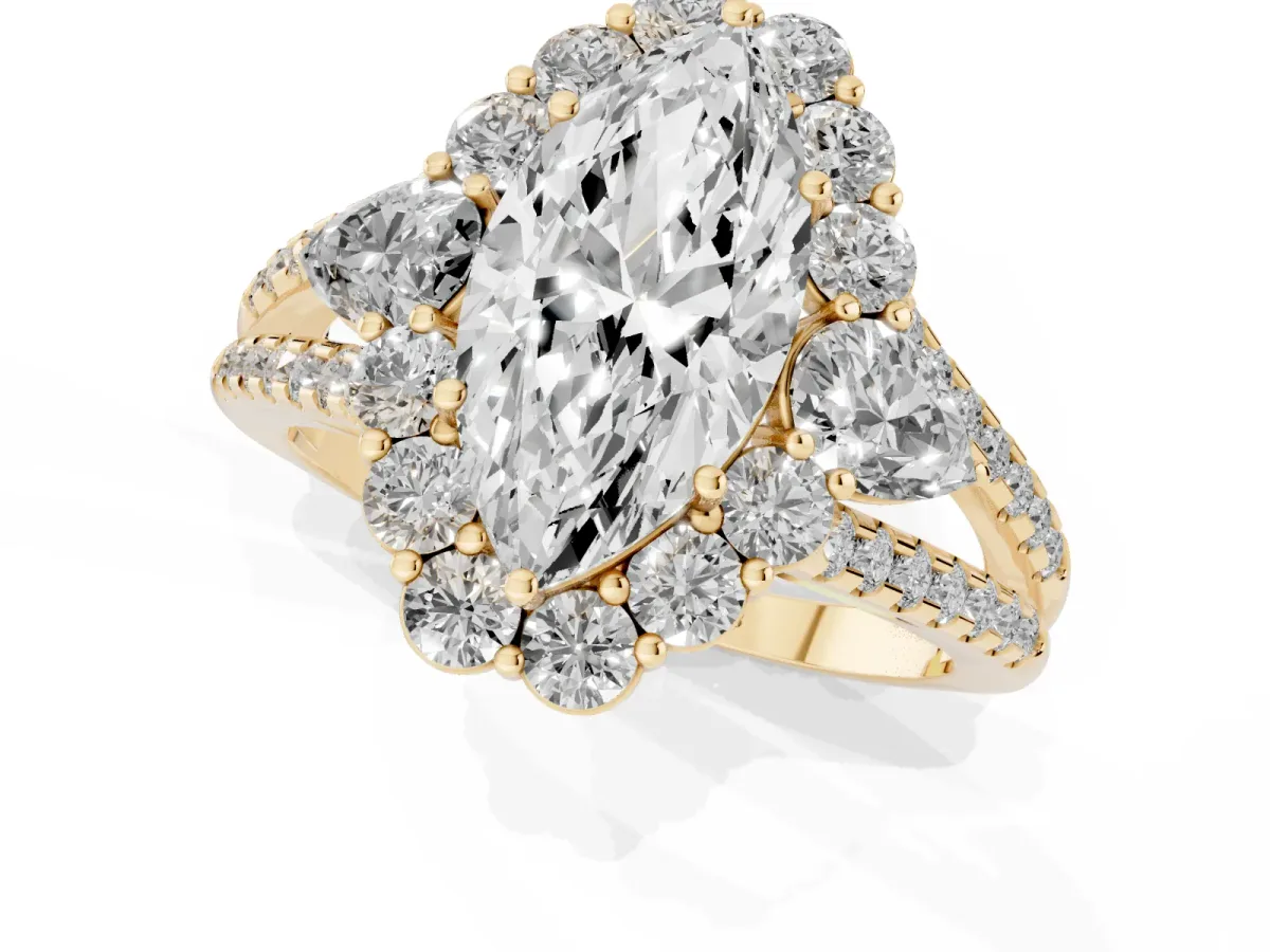 Marquise Cut Halo Split Shank Diamond Engagement Ring with Prong Setting Yellow gold