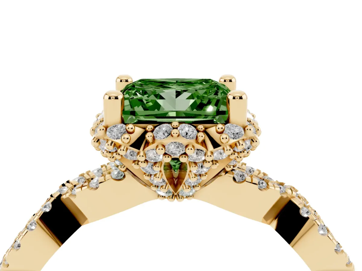 Fancy Green Princess Cut Halo Twist Band Solitaire Ring with Six-Prong Setting Yellow gold
