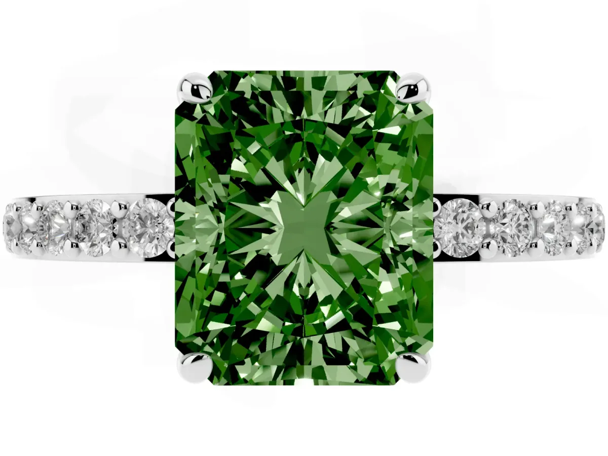 Fancy Green Radiant Cut Diamond Pavé Engagement Ring with Round Accents and Prong Setting Platinum