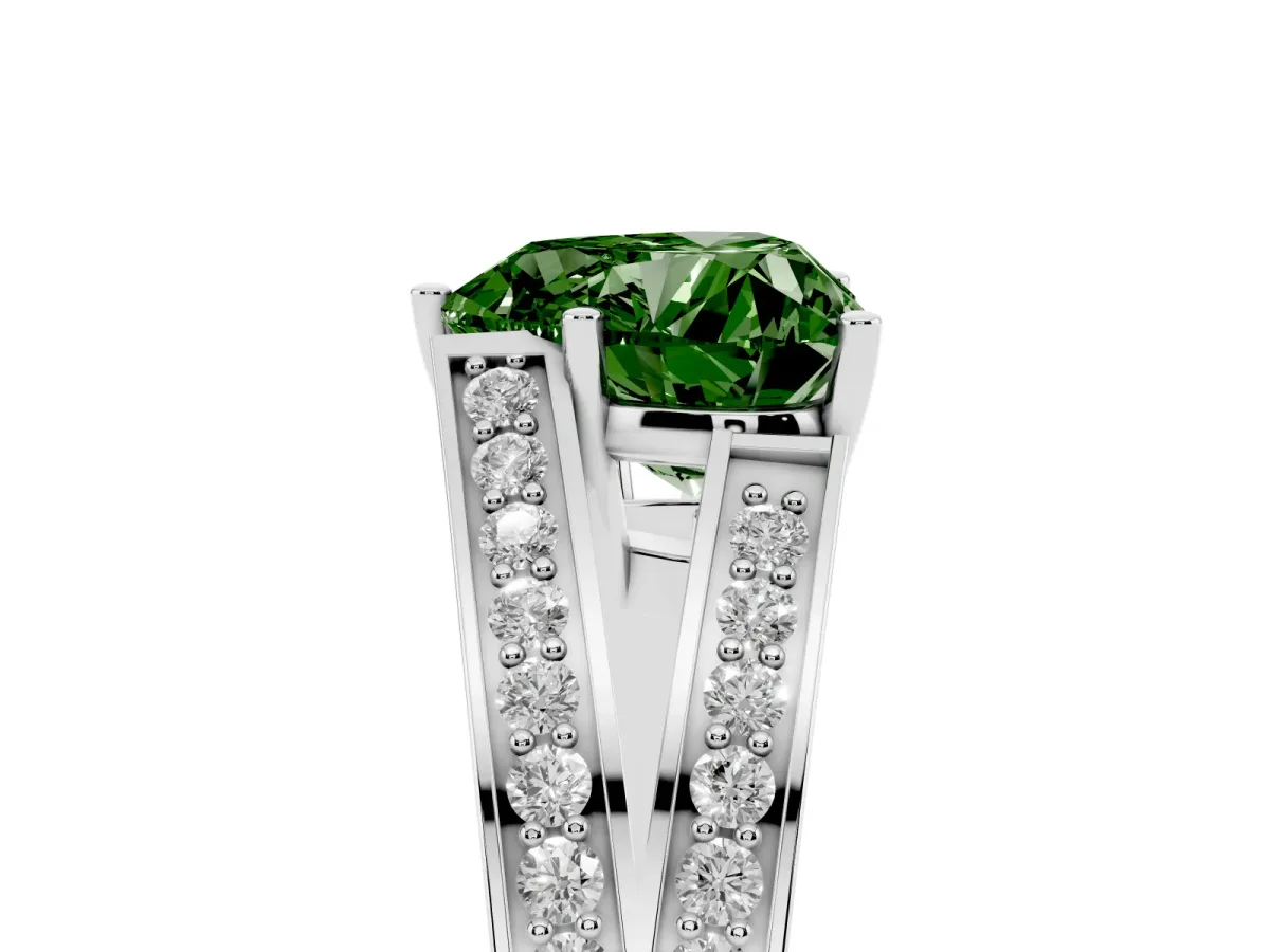 Fancy Green Heart Cut Diamond Split Shank Ring with Pavé Band and Four-Prong Setting Platinum