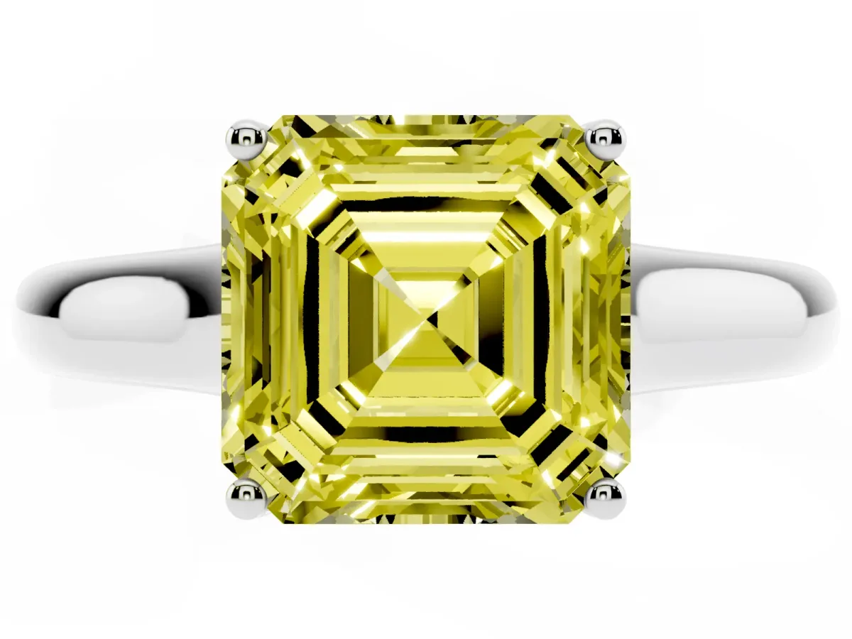 Fancy Yellow Asscher Cut Solitaire Engagement Ring with Tapered Band and Four-Prong Setting Platinum