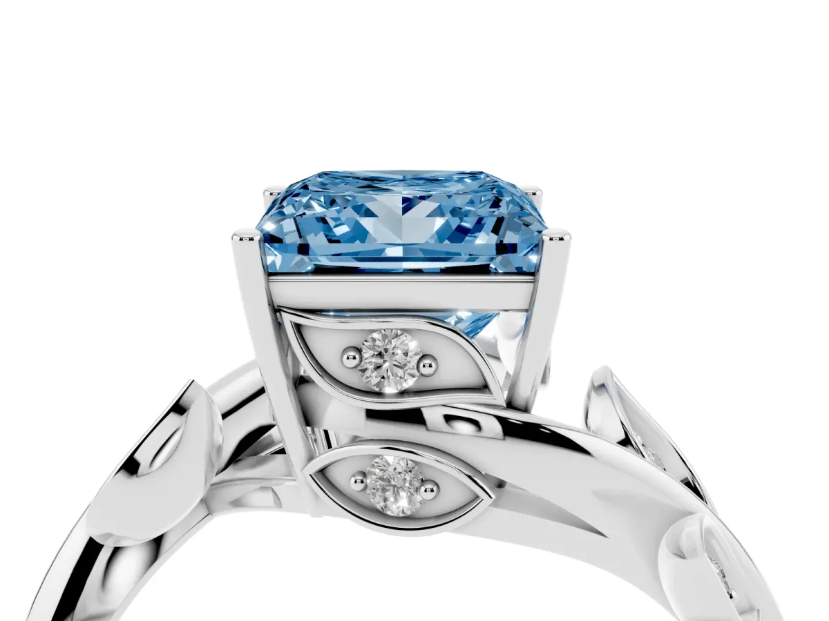 Fancy Blue Princess Cut Solitaire Twist Engagement Ring with Leaf Accents and Prong Setting Silver