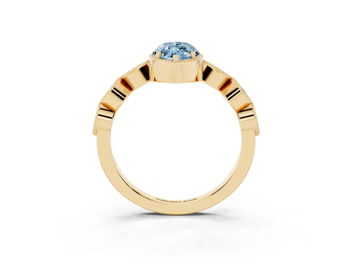 Fancy Blue Marquise Cut Diamond Vintage Milgrain Ring with Round Stations Yellow gold