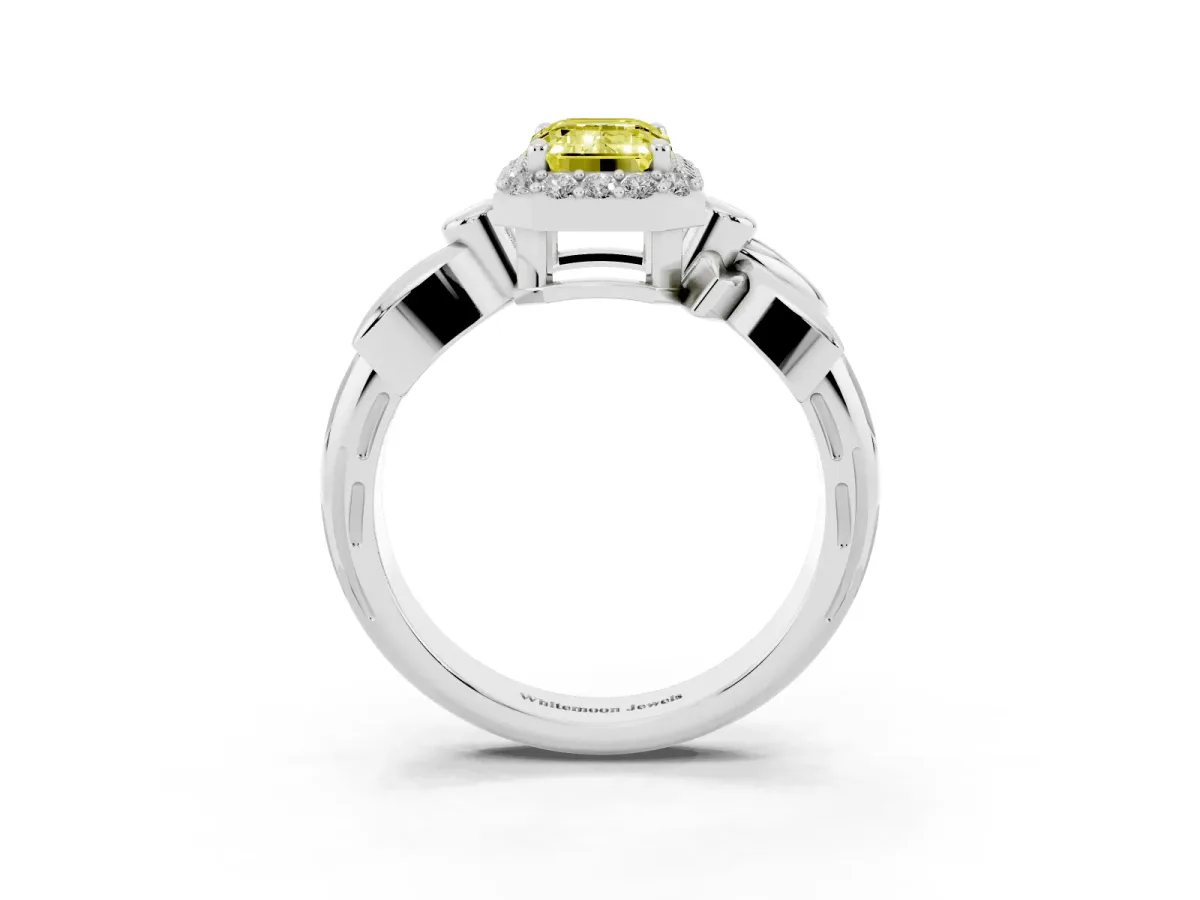 Fancy Yellow Emerald Cut Halo Diamond Floral Band with Four-Prong Setting Platinum