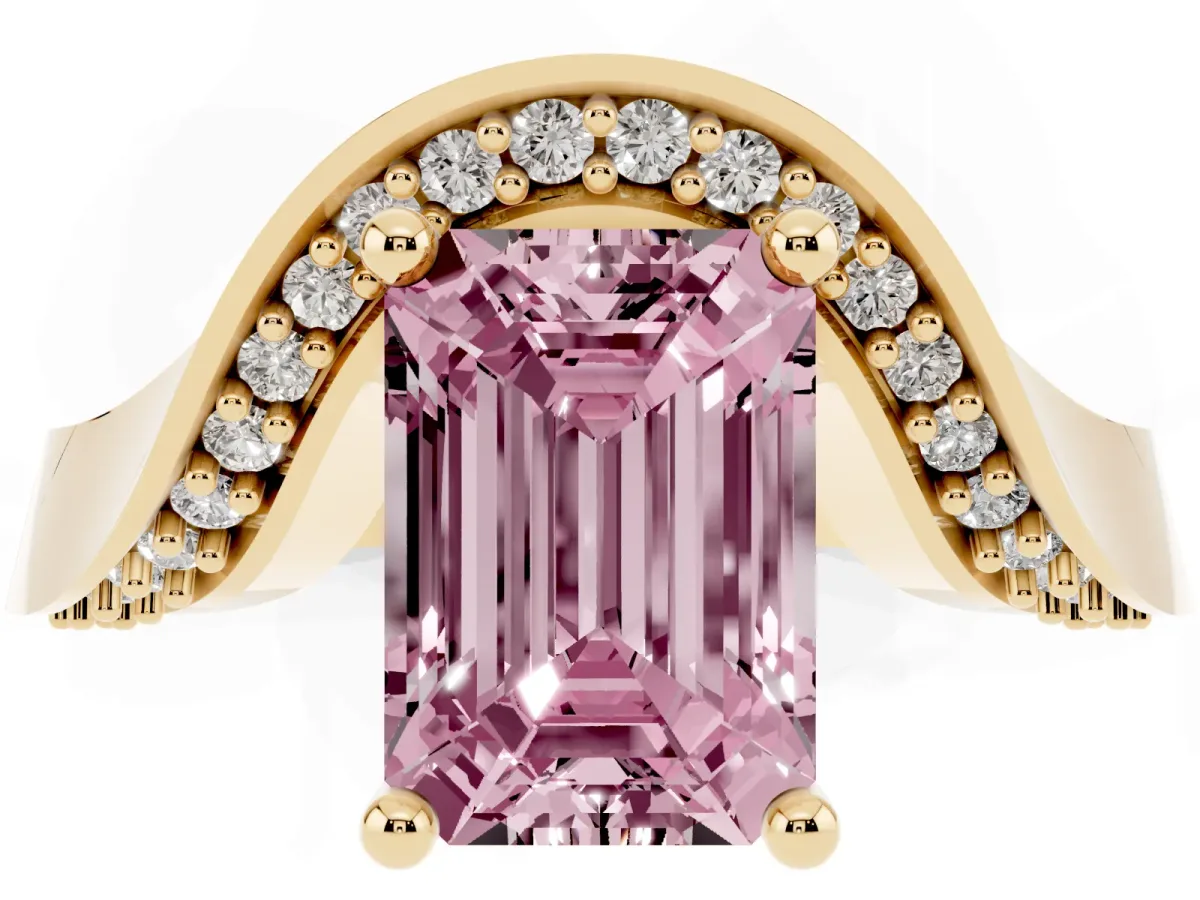 Fancy Pink Emerald Cut Solitaire Diamond Engagement Ring with Pave Band and Four-Prong Setting Yellow gold