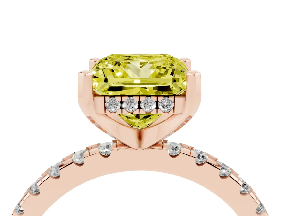 Fancy Yellow Princess Cut Diamond Solitaire Ring with Round Pavé Band and Four-Prong Setting Rose gold