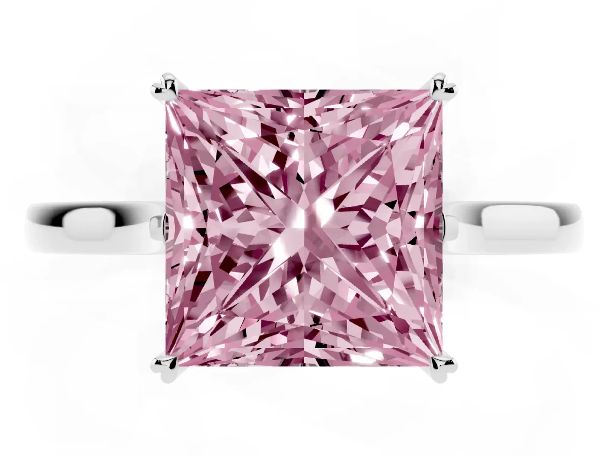 Fancy Pink Princess Cut Solitaire Heart Prong Engagement Ring with Tapered Band White gold