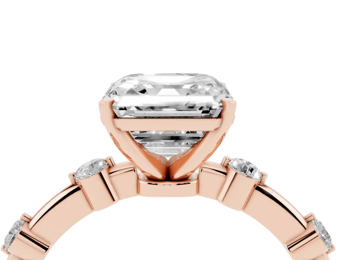 Asscher Cut Solitaire Diamond Ring with Bezel Set Side Stones and Prong Setting Rose gold