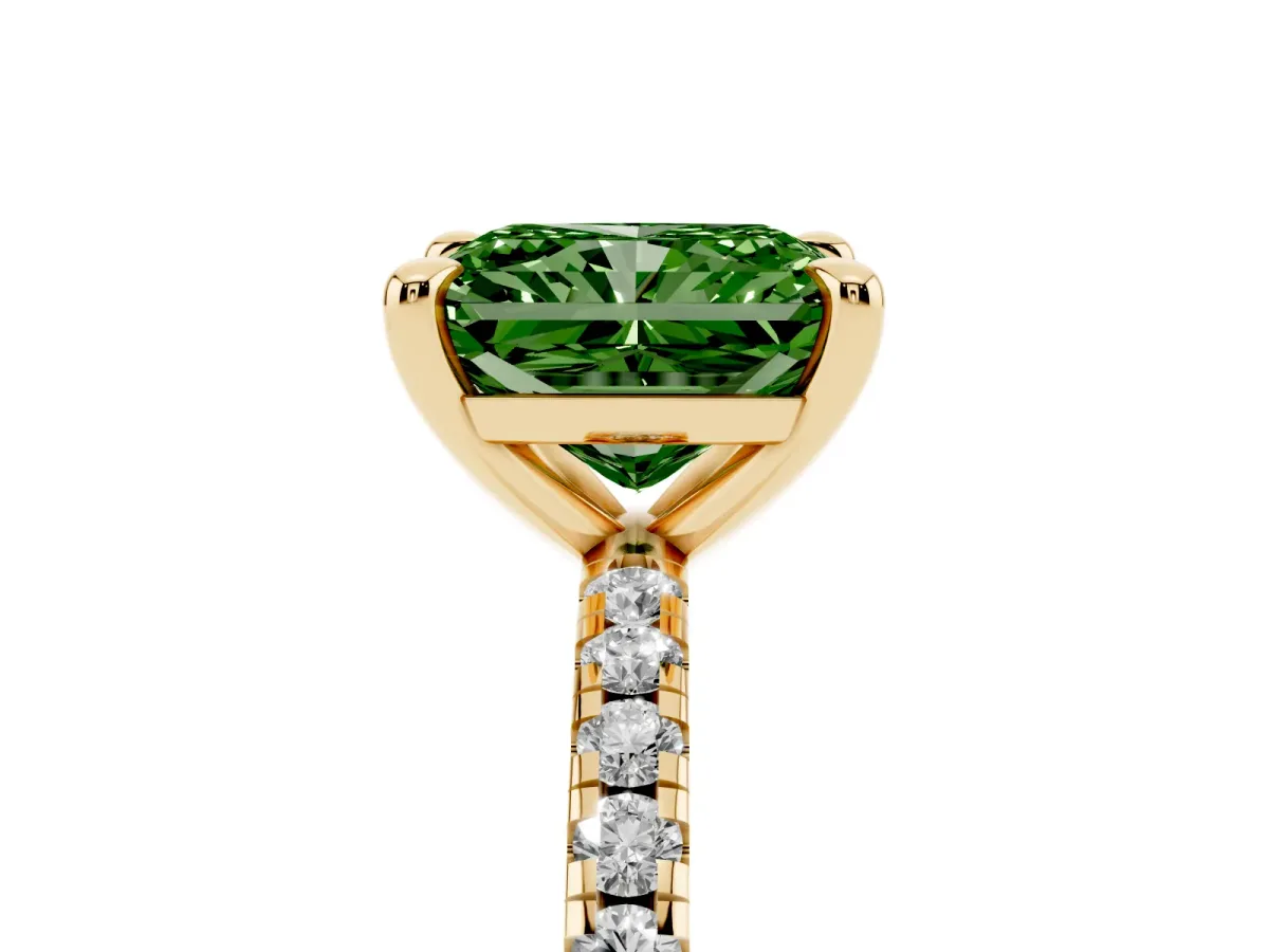 Fancy Green Radiant Cut Diamond Brilliant Solitaire Ring with Pavé Band and Four-Prong Setting Yellow gold