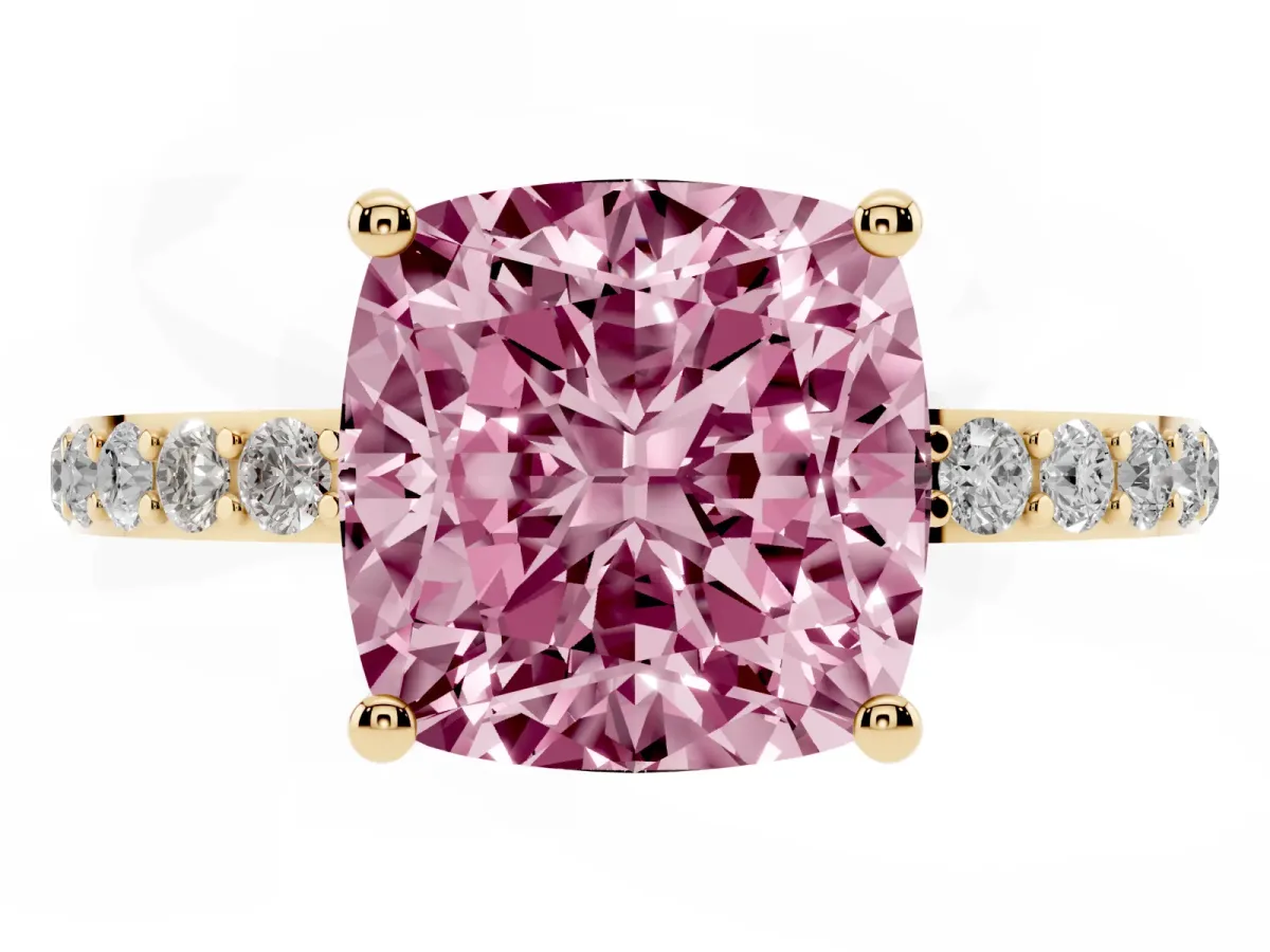 Fancy Pink Cushion Cut Diamond Solitaire Ring with Round Pavé Shoulders and Prong Setting Yellow gold