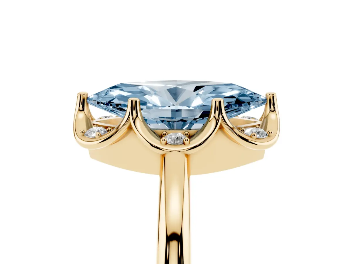 Fancy Blue Marquise Cut Halo Diamond Ring with Round Cluster Setting, Solitaire Band, and Four-Prong Setting Yellow gold