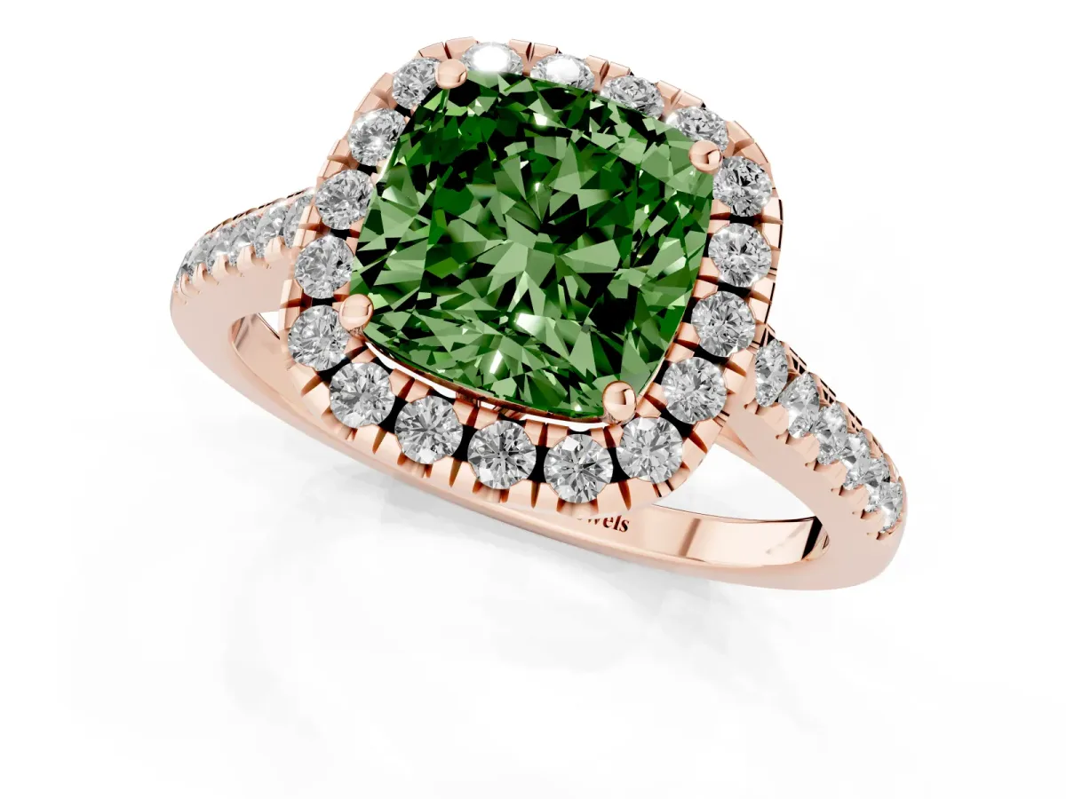 Fancy Green Cushion Cut Halo Pavé Diamond Engagement Ring with Four-Prong Setting Rose gold