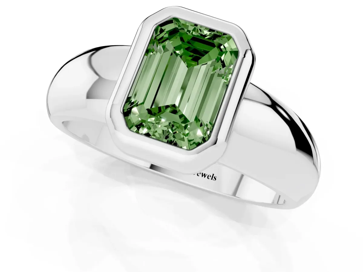 Fancy Green Bezel Set Emerald Cut Solitaire Ring with Wide Band Platinum