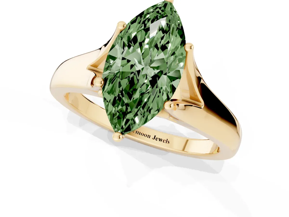 Fancy Green Marquise Cut Solitaire Diamond Ring with Cathedral Band and Four-Prong Setting Yellow gold