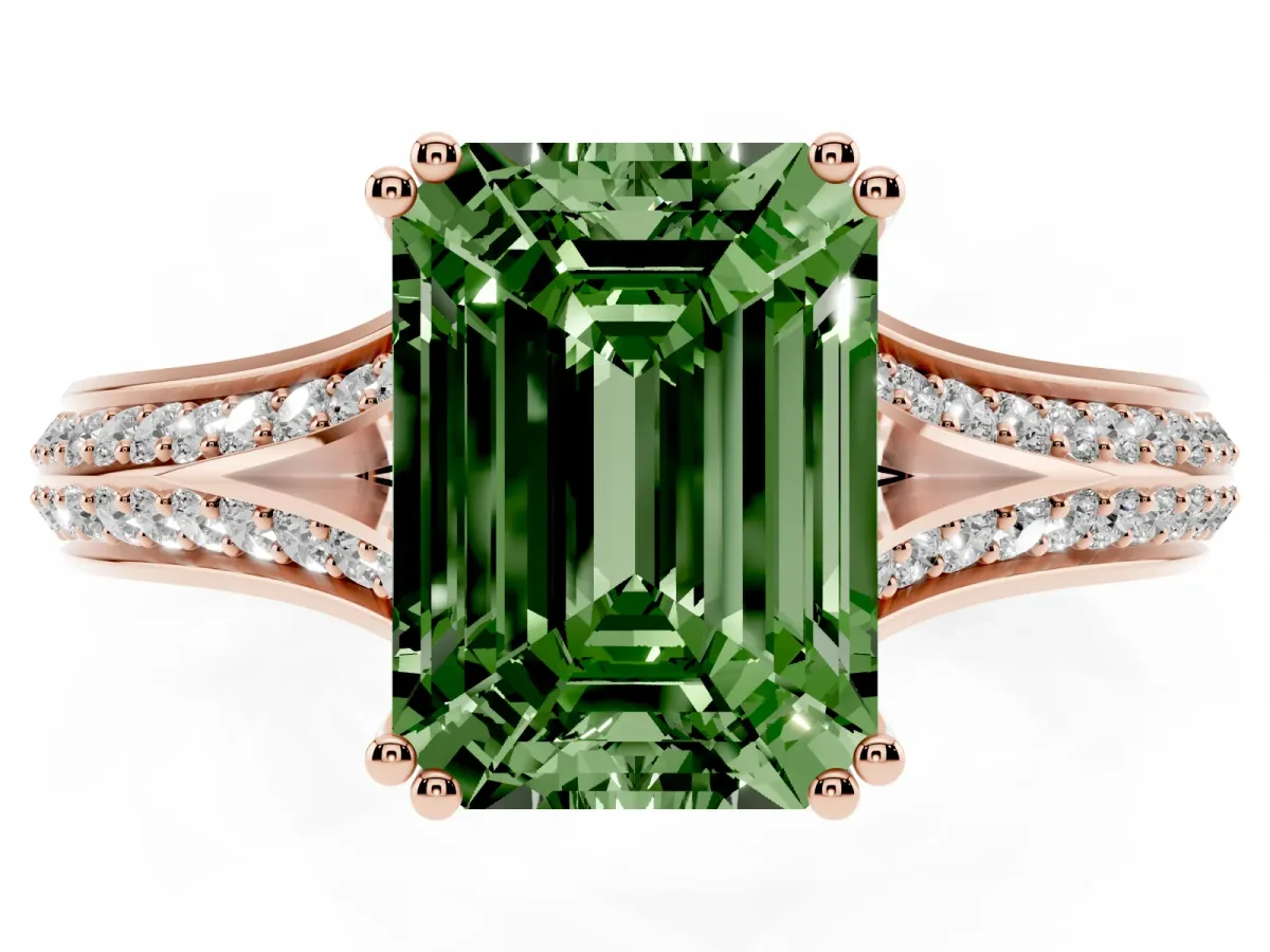Fancy Green Emerald Cut Diamond Split Shank Engagement Ring with Pavé Band Rose gold