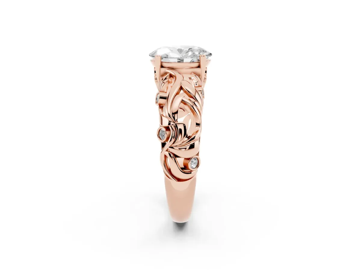 Oval Cut Solitaire Diamond Leaf-Inspired Vine Band Ring with Prong Setting Rose gold