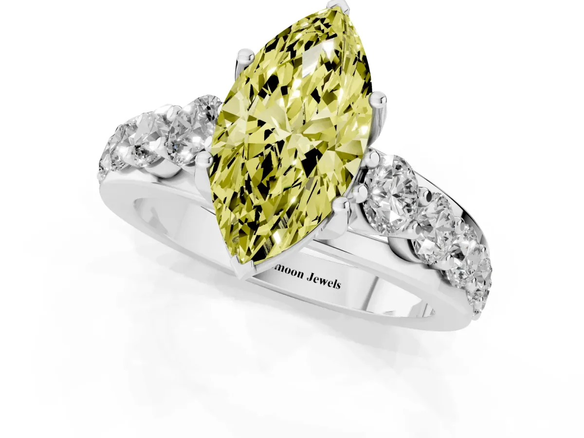 Fancy Yellow Marquise Cut Diamond Engagement Ring with Pavé Band and Four-Prong Setting Silver