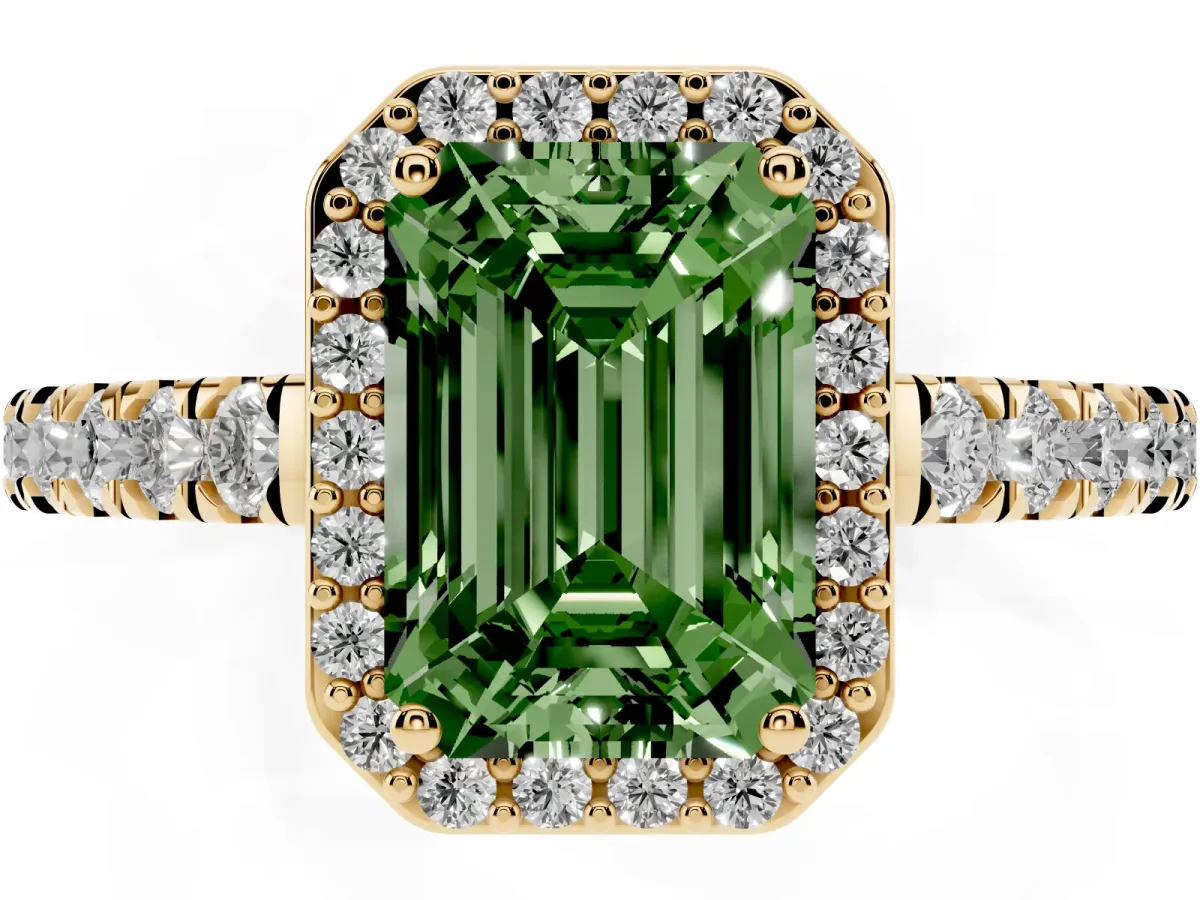 Fancy Green Emerald Cut Cut Halo Diamond Engagement Ring with Pave Band and Four-Prong Setting Yellow gold