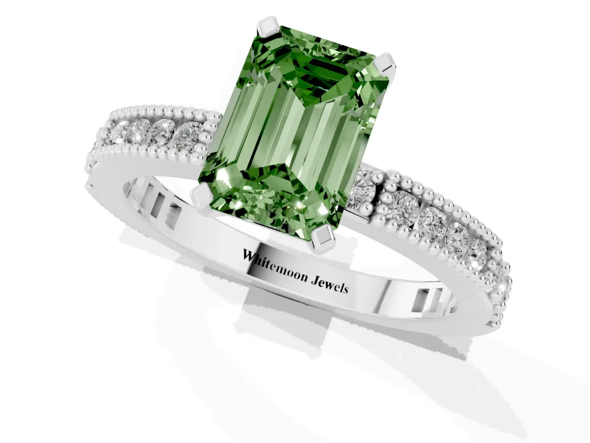 Fancy Green Emerald Cut Solitaire with Pavé Band and Four-Prong Setting Silver