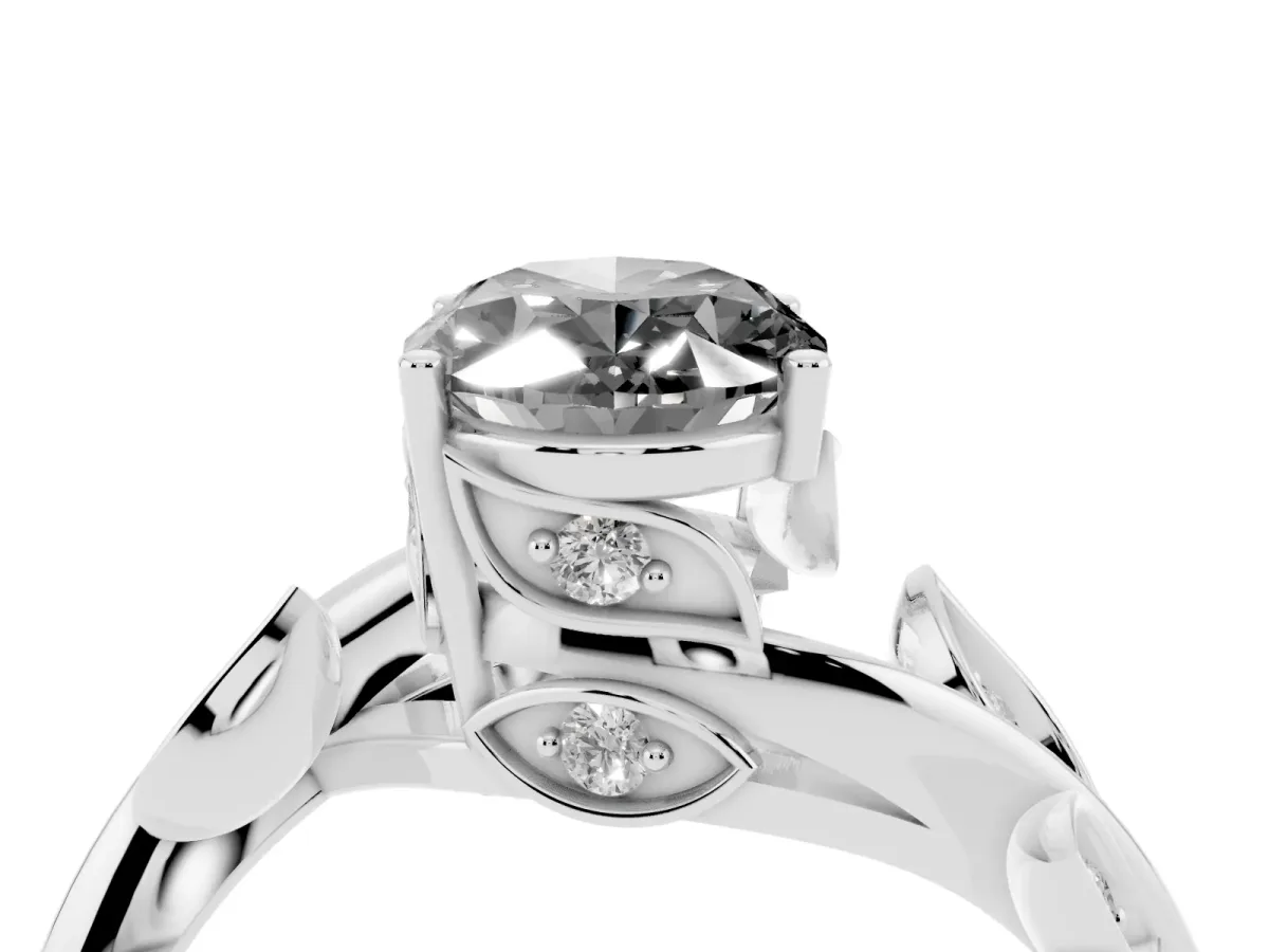 Fancy Black Oval Cut Solitaire Twist Engagement Ring with Leaf Accents and Prong Setting Silver