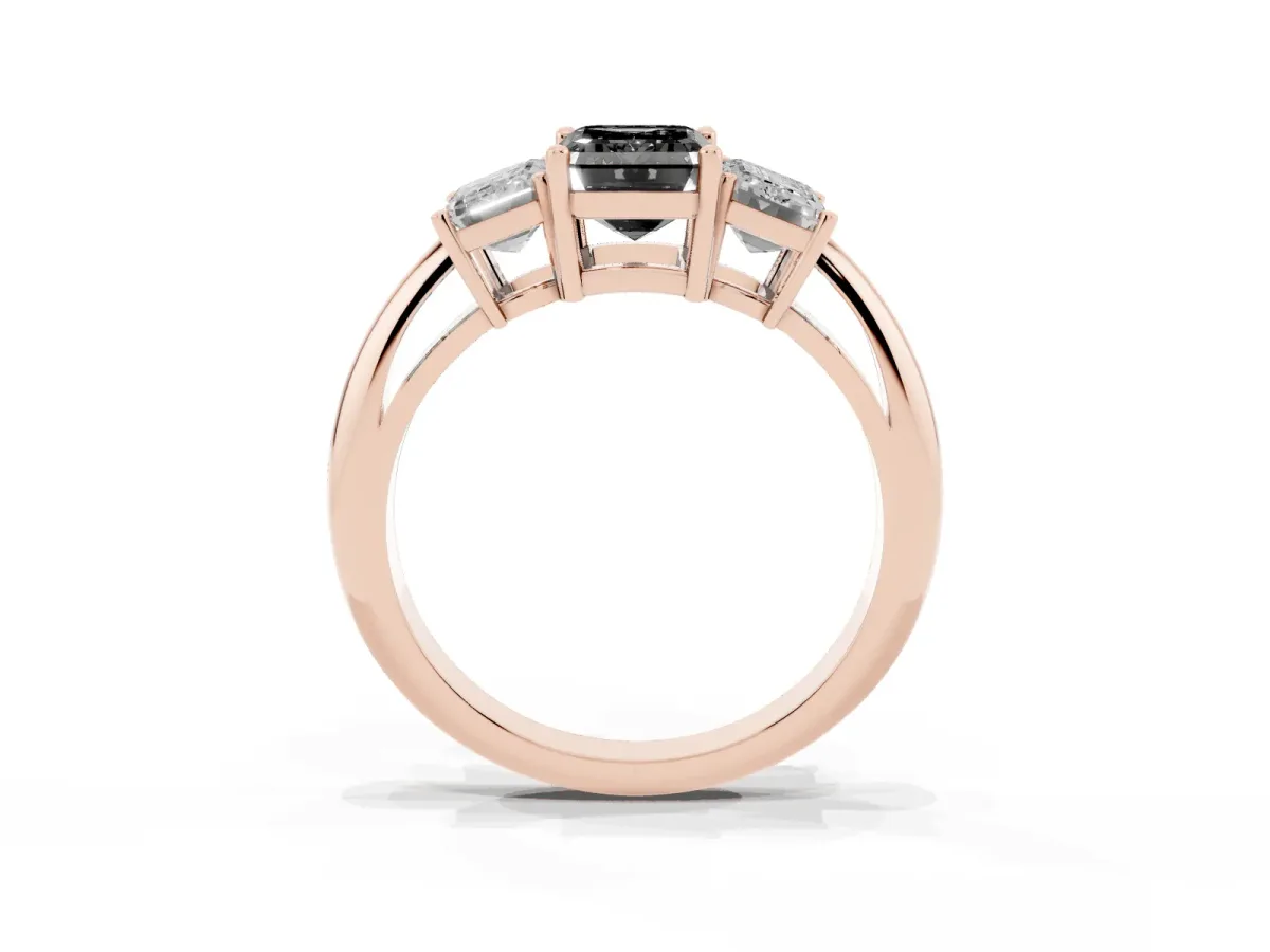 Fancy Black Three-Stone Emerald Cut Cut Diamond Engagement Ring with Prong Setting on a White Gold Band Rose gold