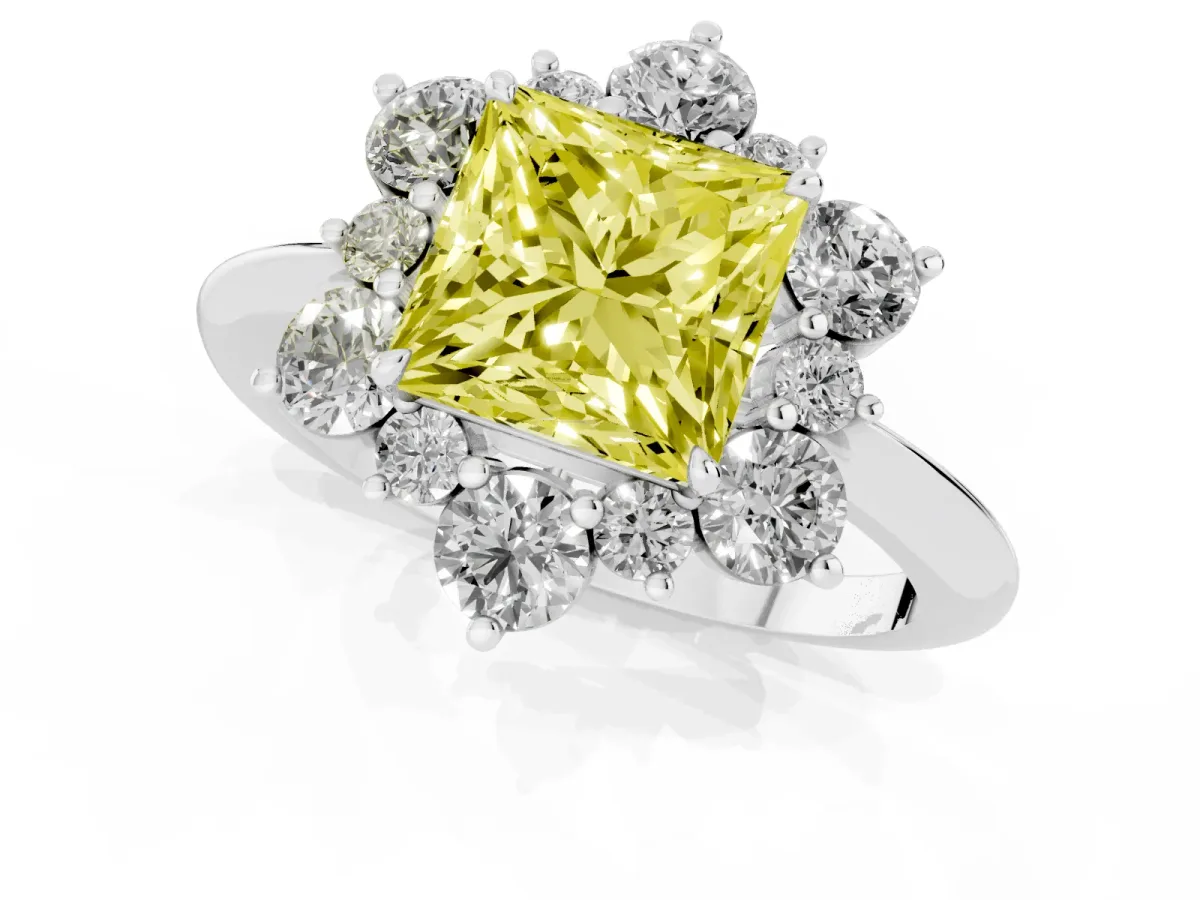 Fancy Yellow Princess Cut Diamond Cluster Halo Ring with Solitaire Band and Four-Prong Setting White gold