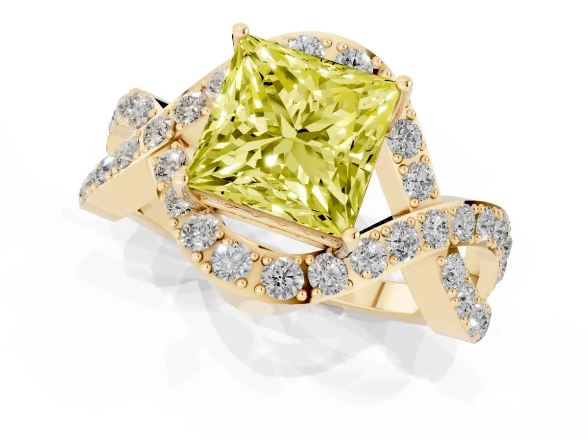 Fancy Yellow Princess Cut Solitaire Twist Band Pavé Diamond Engagement Ring Yellow gold