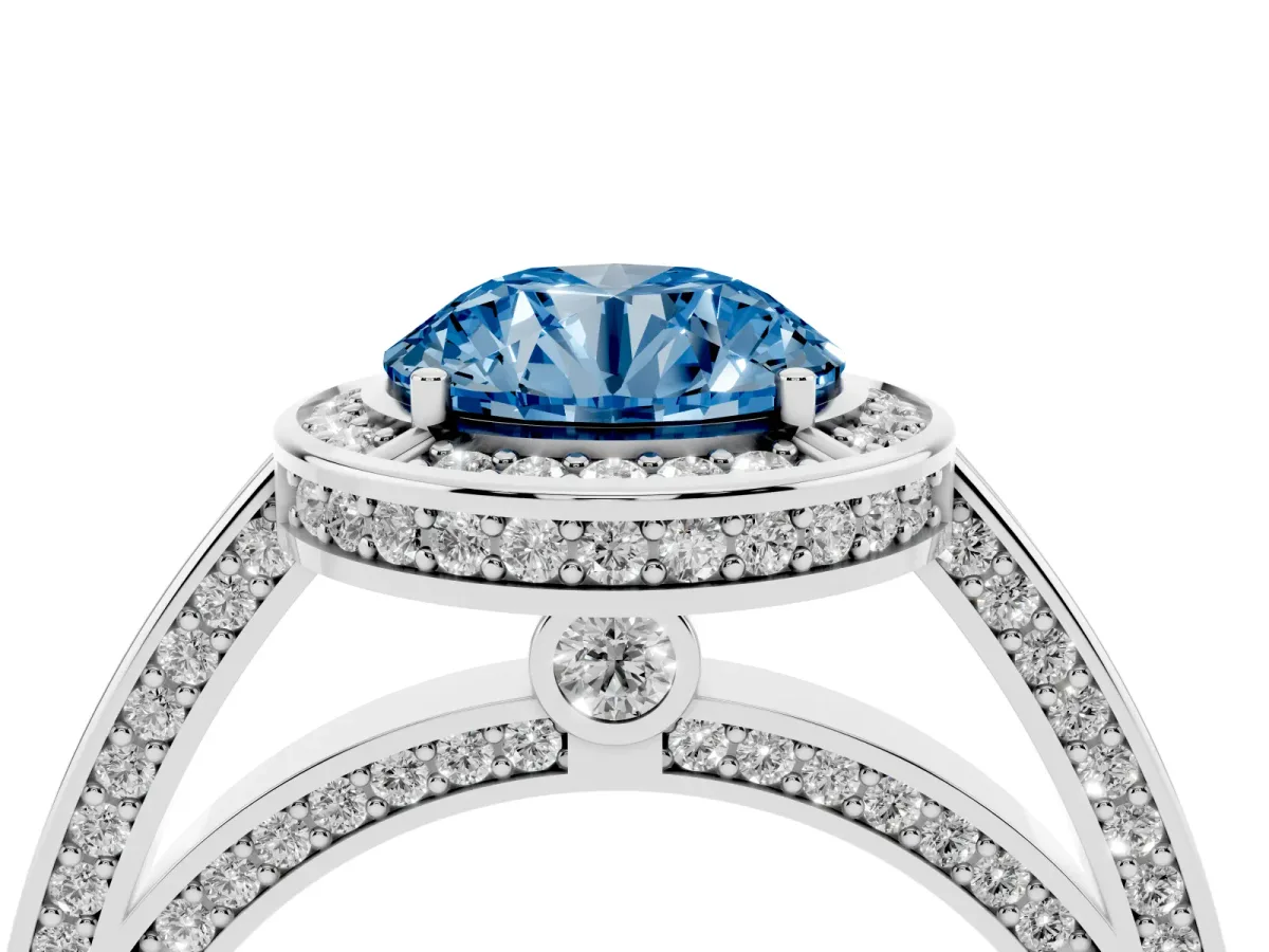 Fancy Blue Round Cut Cut Halo Pave Split Shank Prong Setting Ring Platinum
