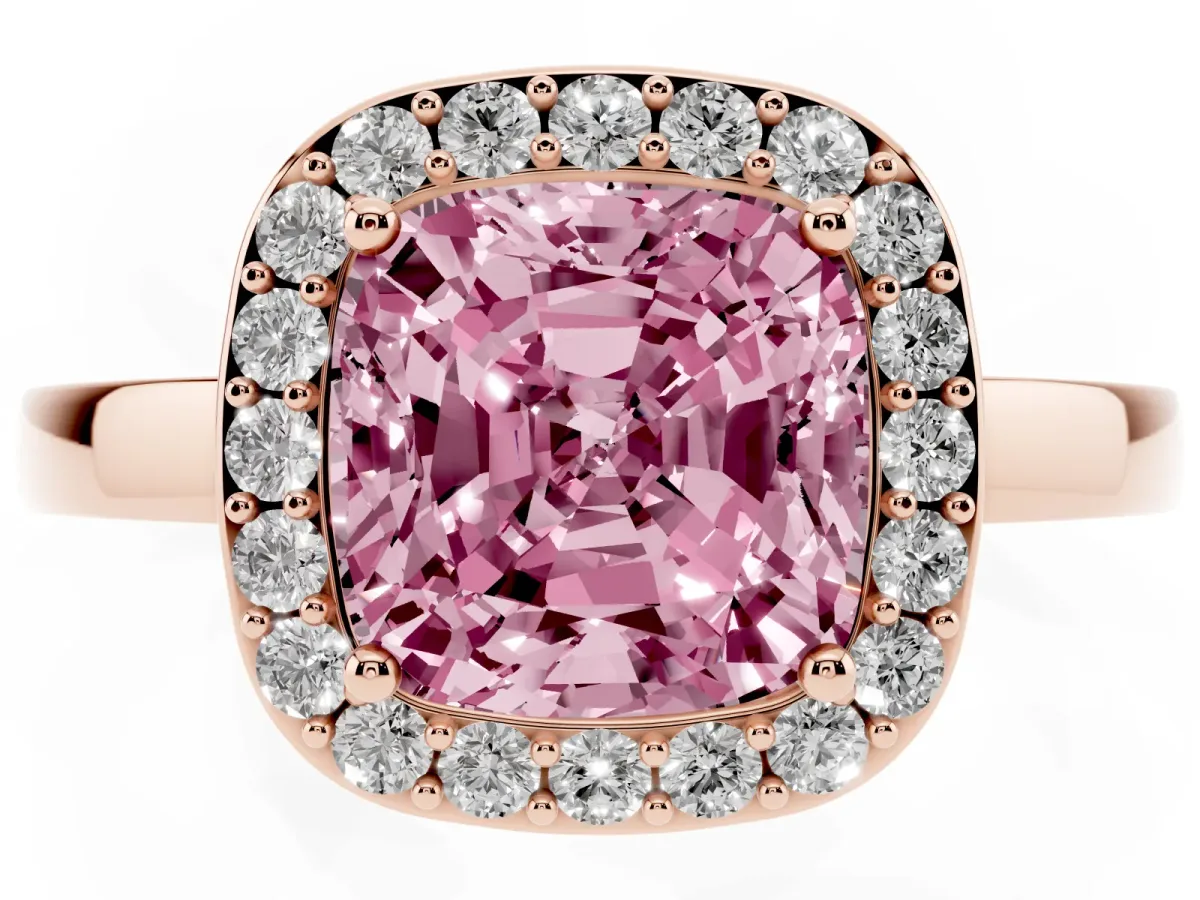 Fancy Pink Cushion Cut Halo Diamond Ring with Solitaire Band and Prong Setting Rose gold