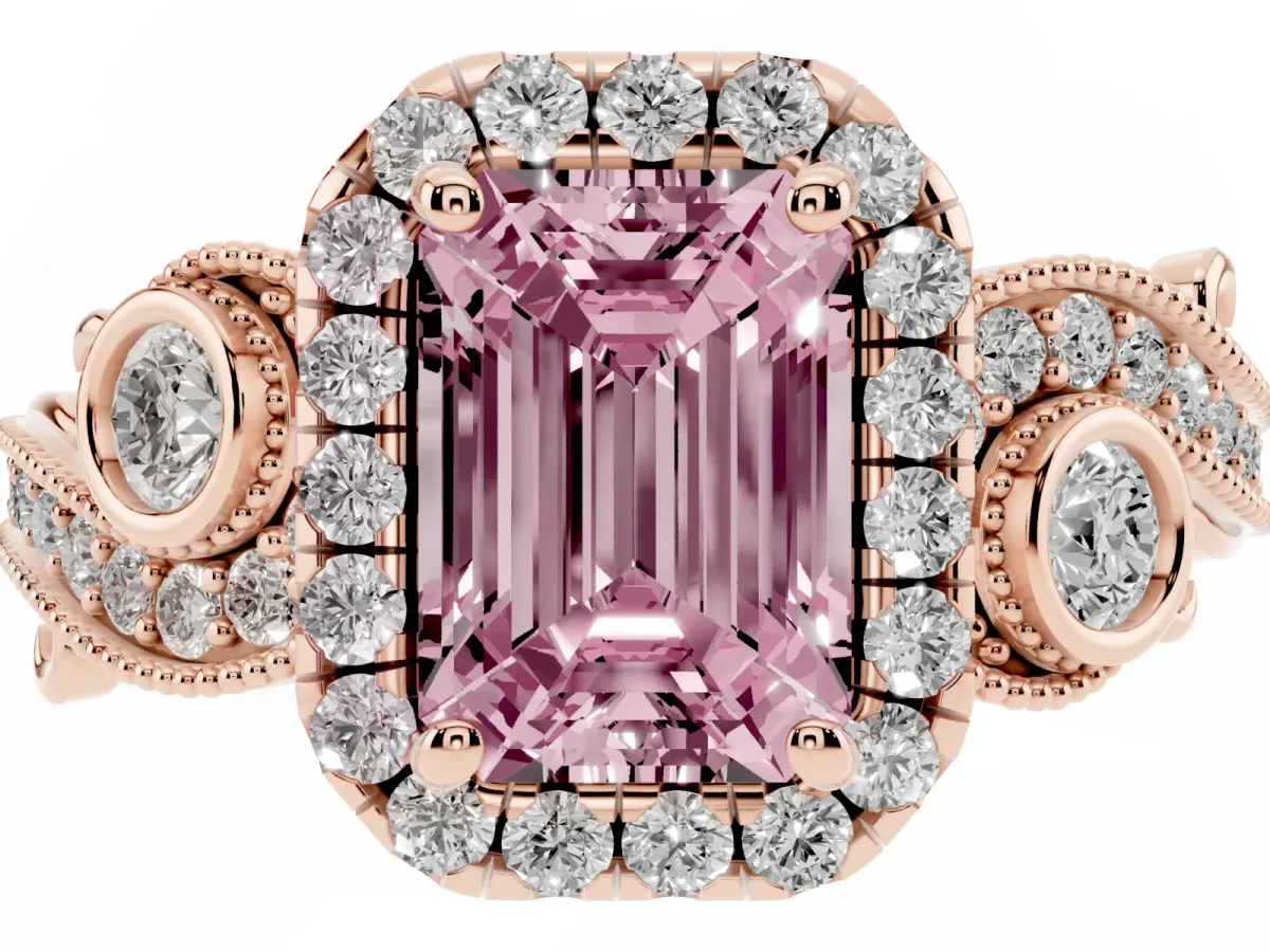 Fancy Pink Emerald Cut Halo Diamond Ring with Milgrain and Bezel Accents on a Split Shank Band Rose gold