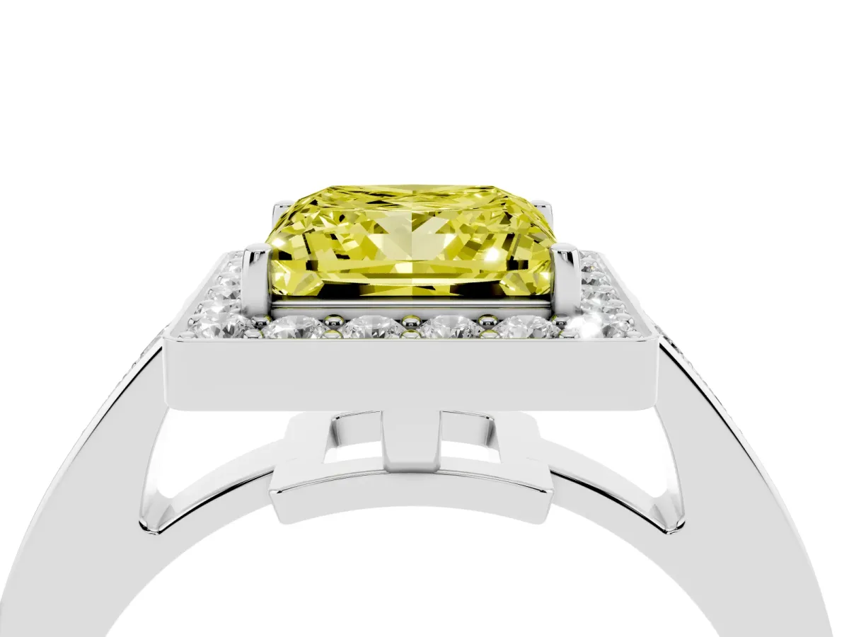 Fancy Yellow Princess Cut Halo Pavé Diamond Engagement Ring with Bezel Setting Silver
