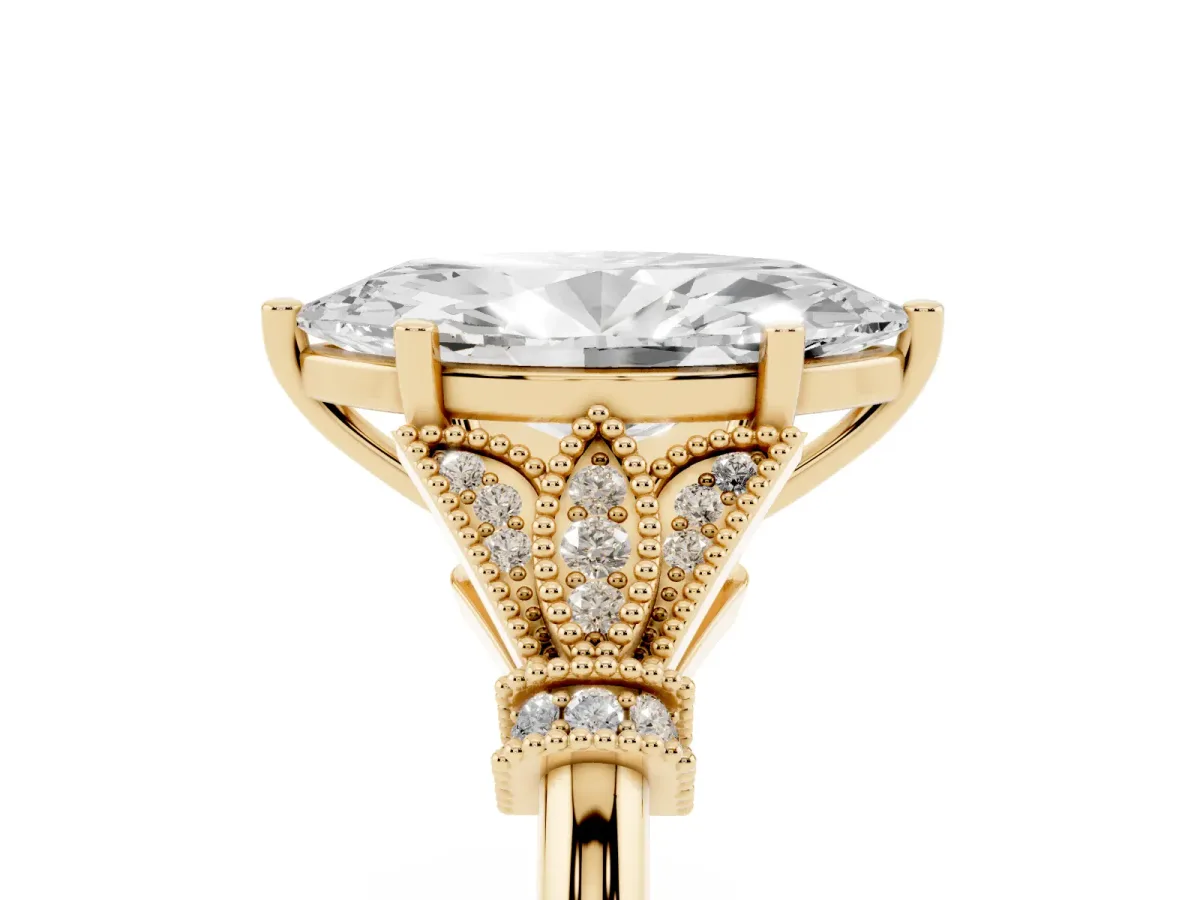 Marquise Cut Diamond Solitaire Ring with Floral Filigree and Pave Accents Yellow gold