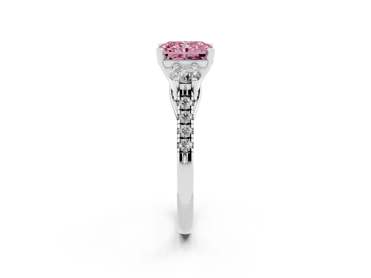 Fancy Pink Three-Stone Radiant Cut Diamond Pavé Band with Four-Prong Setting Silver