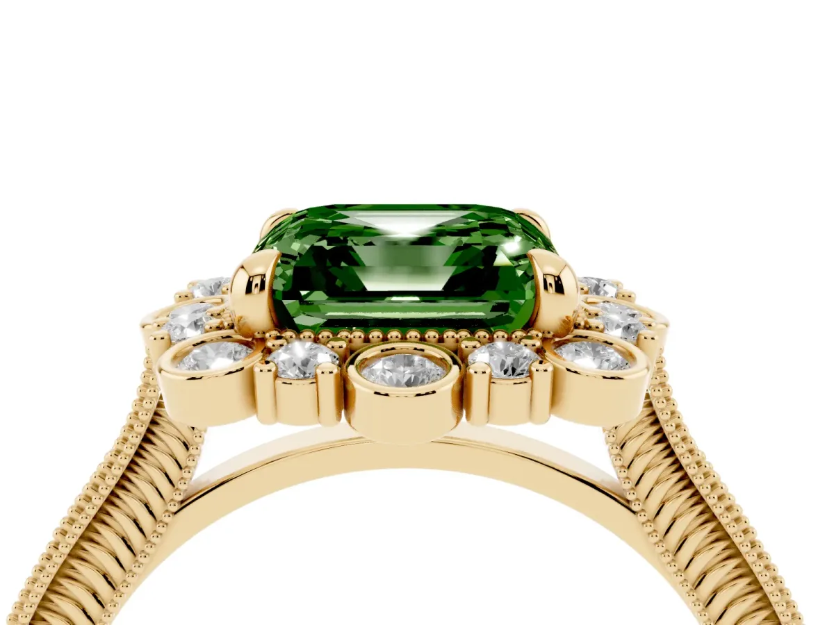 Fancy Green Asscher Cut Halo Milgrain Pave Diamond Ring with Four-Prong Setting Yellow gold