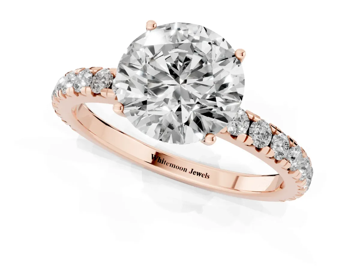 Round Cut Diamond Pavé Solitaire Engagement Ring with Four-Prong Setting Rose gold