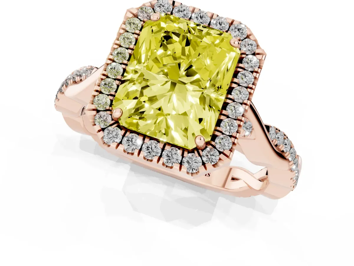 Fancy Yellow Radiant Cut Halo Twist Band Solitaire Ring Rose gold