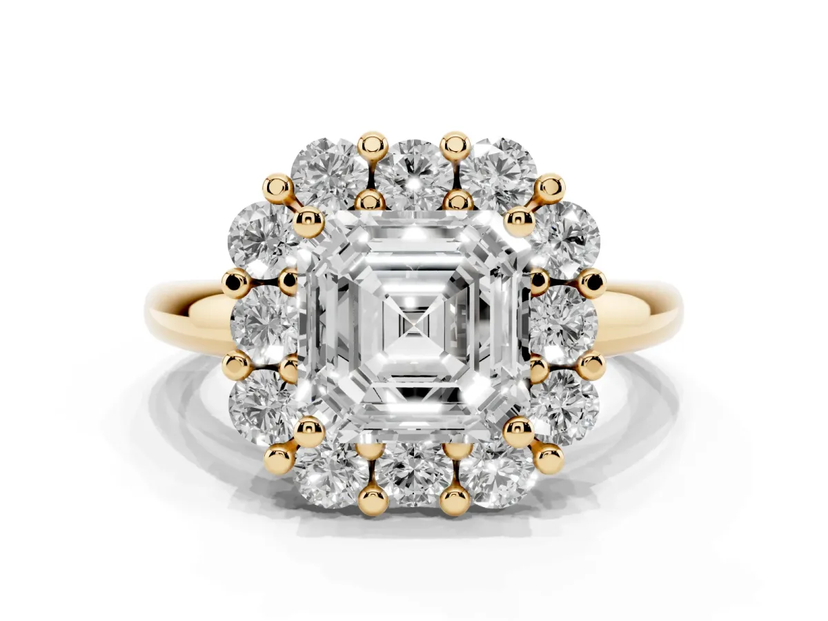 Asscher Cut Halo Cluster Diamond Engagement Ring with Prong Setting and Polished Band Yellow gold