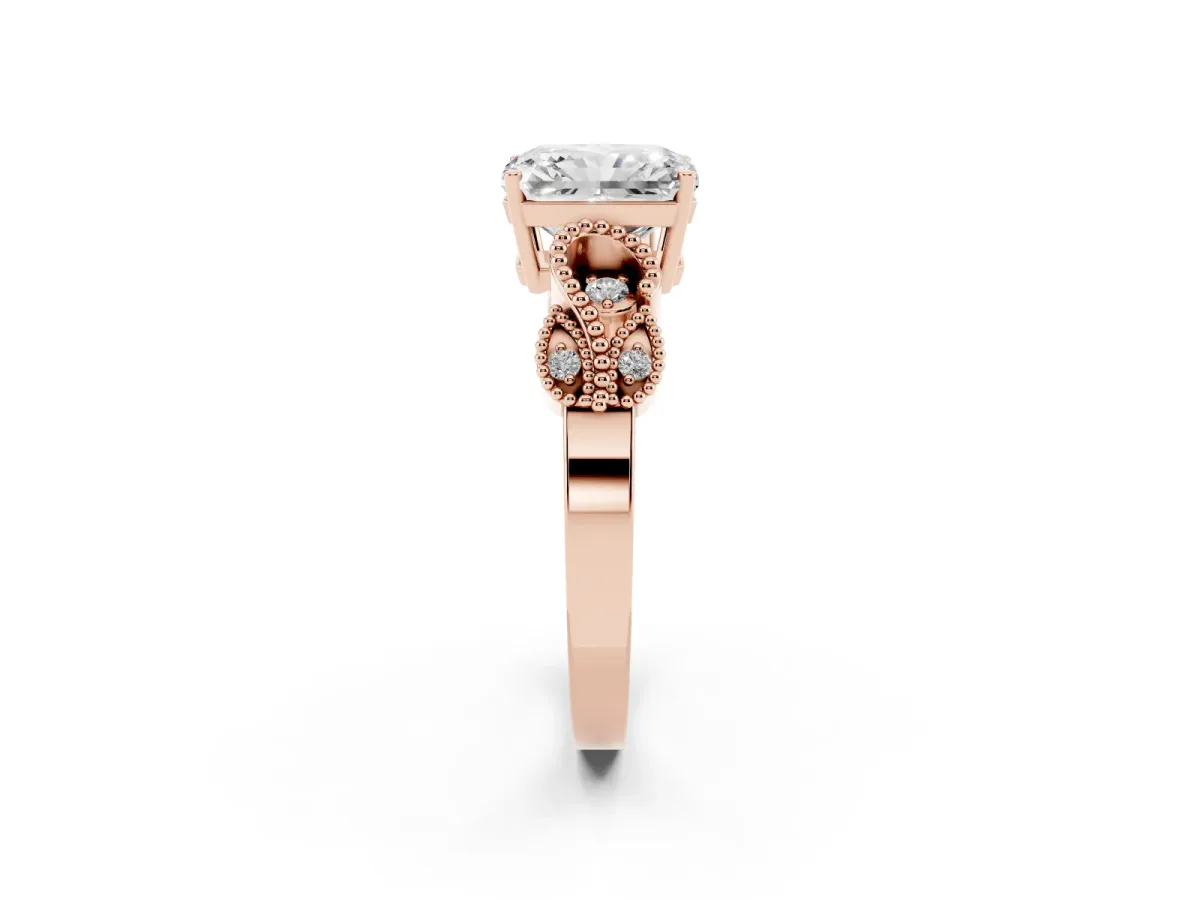 Princess Cut Solitaire Milgrain Leaf Band with Prong Setting Rose gold