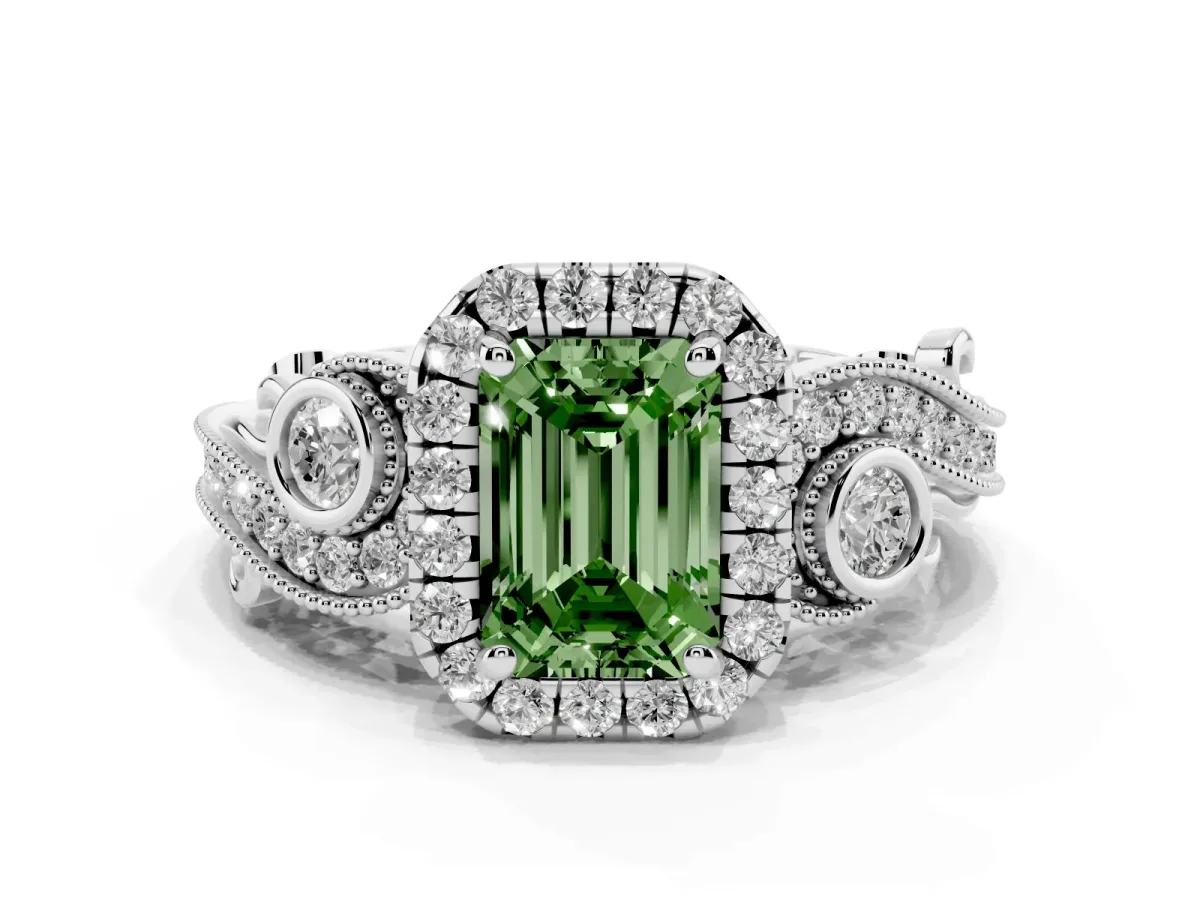 Fancy Green Emerald Cut Diamond Halo Ring with Milgrain Pavé Band and Four-Prong Setting Platinum