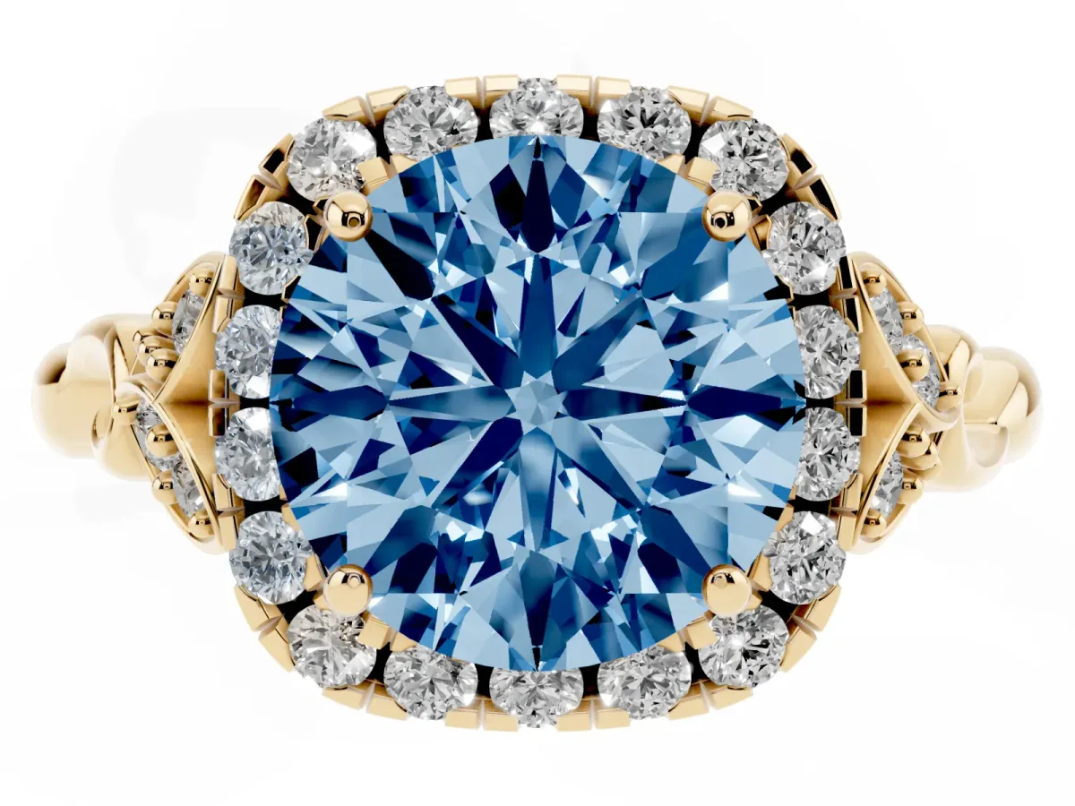 Fancy Blue Round Cut Halo Diamond Engagement Ring with Vintage-Inspired Band and Four-Prong Setting Yellow gold