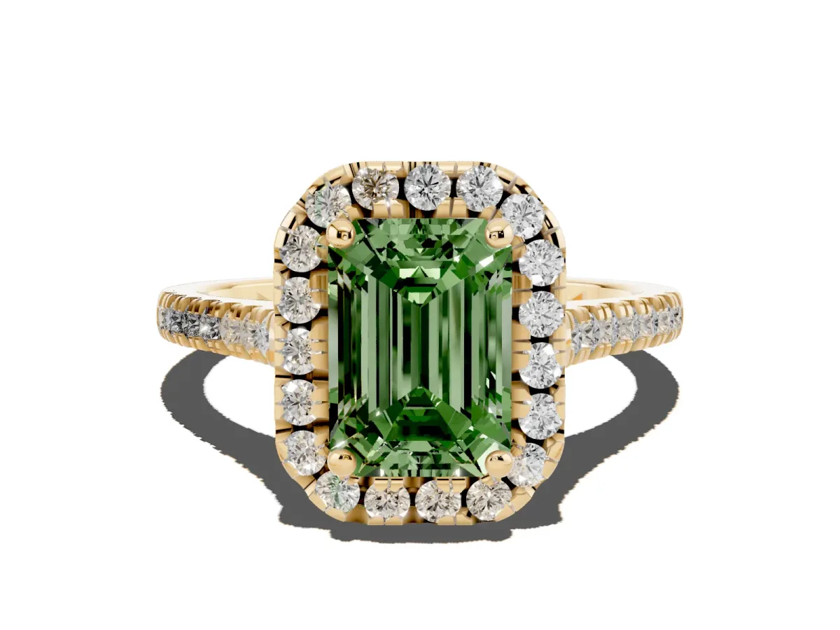 Fancy Green Emerald Cut Diamond Cushion Halo Ring with Pavé Band Yellow gold