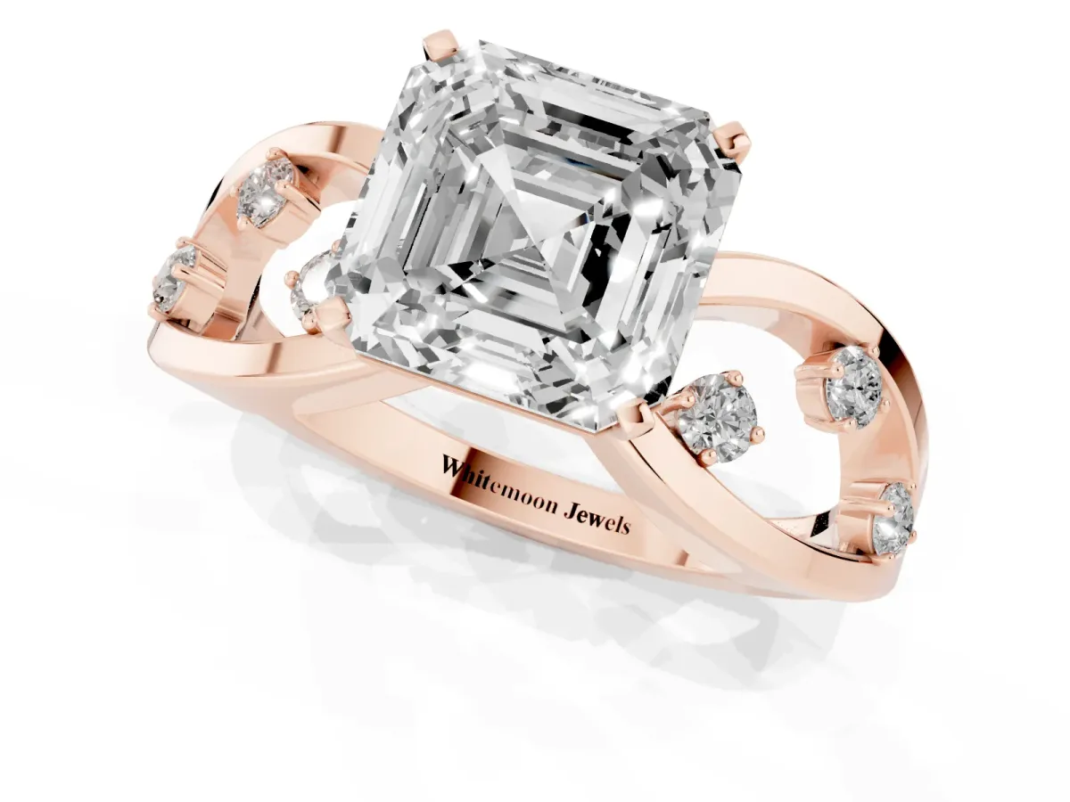 Asscher Cut Cut Solitaire Diamond with Side Stones on Criss-Cross Band and Four-Prong Setting Rose gold