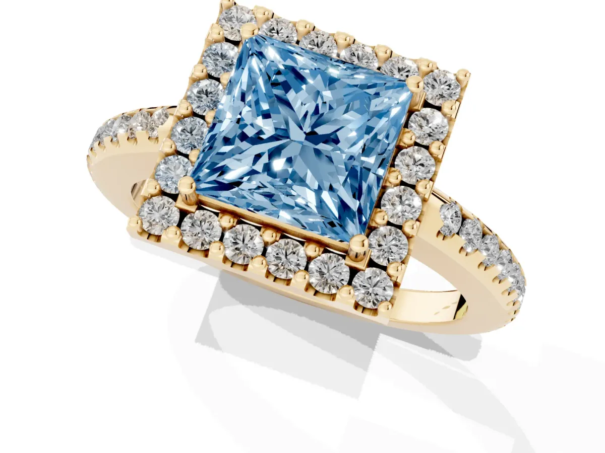 Fancy Blue Princess Cut Diamond Pavé Halo Ring with Four-Prong Setting Yellow gold