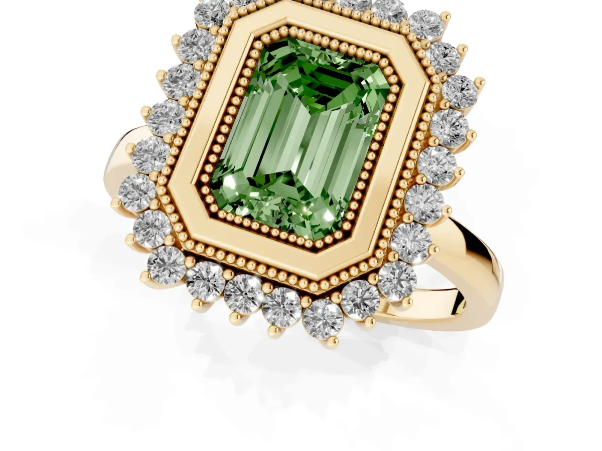 Fancy Green Emerald Cut Halo Diamond Ring with Milgrain Edge and Round Prong Setting Yellow gold