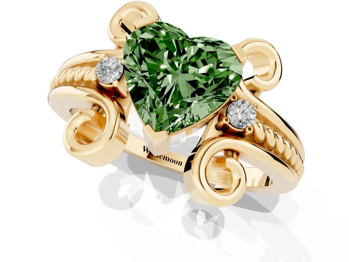 Fancy Green Heart Cut Solitaire Twisted Band Scroll Prong Ring Yellow gold