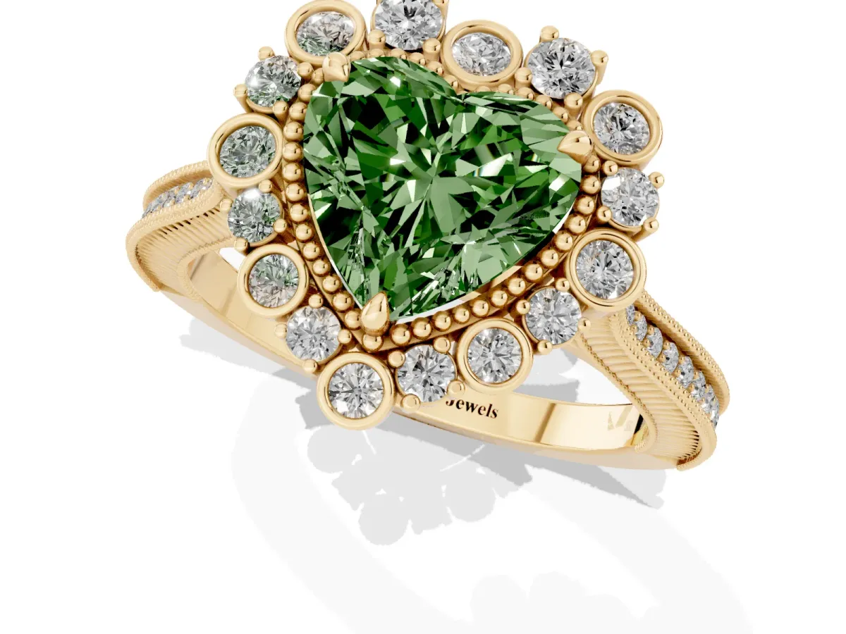 Fancy Green Heart Cut Halo Milgrain Pave Diamond Ring with Four-Prong Setting Yellow gold